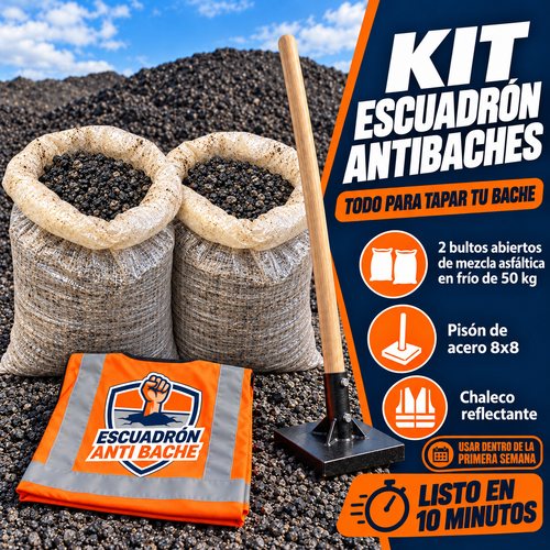 Kit Escuadrón Antibaches: 2 costales abiertos de 50 kg de mezcla asfáltica en frío, pisón de acero 8x8 y chaleco reflectante