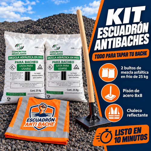 Kit Escuadrón Antibaches: 2 bultos de mezcla asfáltica en frío de 25 kg, pisón de acero 8x8 y chaleco reflectante