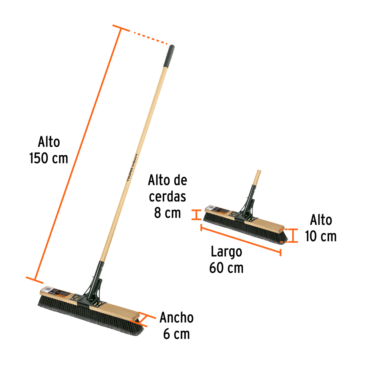 Medidas del cepillo de barrido: alto 150 cm, cabezal de 60 cm, cerdas de 8 cm