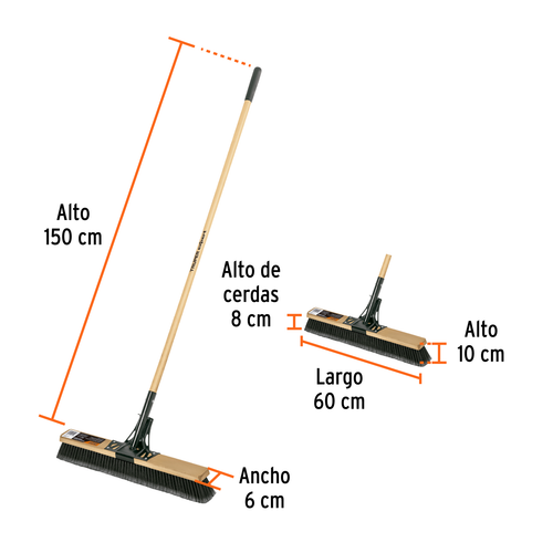 Medidas del cepillo de barrido: alto 150 cm, cabezal de 60 cm, cerdas de 8 cm